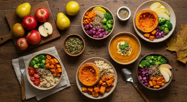 Mesa com alimentos típicos da alimentação outono emagrecimento: sopas quentes, legumes sazonais, abóbora, batata-doce e chás, em ambiente acolhedor que remete ao clima de São Paulo