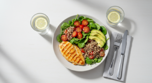 Mesa com alimentos saudáveis e variados representando o processo de emagrecimento equilibrado, incluindo legumes frescos, grãos integrais e frutas coloridas em um ambiente iluminado naturalmente