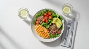 Mesa com alimentos saudáveis e variados representando o processo de emagrecimento equilibrado, incluindo legumes frescos, grãos integrais e frutas coloridas em um ambiente iluminado naturalmente