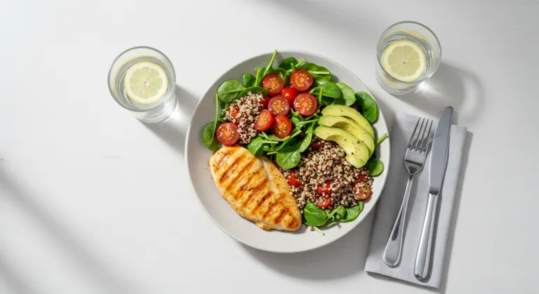 Mesa com alimentos saudáveis e variados representando o processo de emagrecimento equilibrado, incluindo legumes frescos, grãos integrais e frutas coloridas em um ambiente iluminado naturalmente