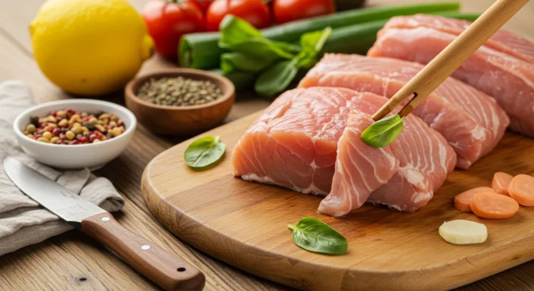 Mesa com alimentos antiinflamatórios frescos indicados para dieta antiinflamatória lipedema: salmão, abacate, frutas vermelhas, vegetais verdes e azeite extra virgem em luz natural suave