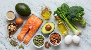 Mesa com alimentos ricos em gorduras saudáveis típicos da dieta cetogênica como abacate, salmão, azeite, oleaginosas e ovos sobre superfície de madeira clara