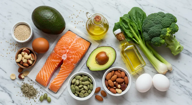 Mesa com alimentos ricos em gorduras saudáveis típicos da dieta cetogênica como abacate, salmão, azeite, oleaginosas e ovos sobre superfície de madeira clara