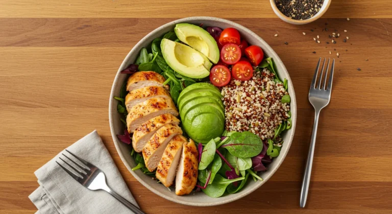 Mesa com alimentos variados e nutritivos representando emagrecimento saudável 2026, incluindo vegetais frescos, proteínas magras, grãos integrais e frutas em composição equilibrada e colorida