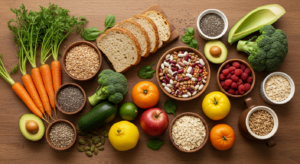 Mesa com diversos alimentos ricos em fibras para fibremaxxing incluindo legumes frescos, grãos integrais, frutas variadas e sementes, representando uma alimentação voltada para saúde intestinal e controle de peso