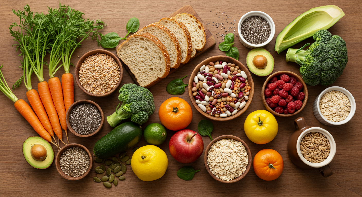 Mesa com diversos alimentos ricos em fibras para fibremaxxing incluindo legumes frescos, grãos integrais, frutas variadas e sementes, representando uma alimentação voltada para saúde intestinal e controle de peso