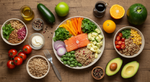 Mesa com alimentos funcionais coloridos incluindo vegetais frescos, frutas, grãos integrais e oleaginosas representando o conceito de o que é nutrição funcional e alimentação saudável equilibrada