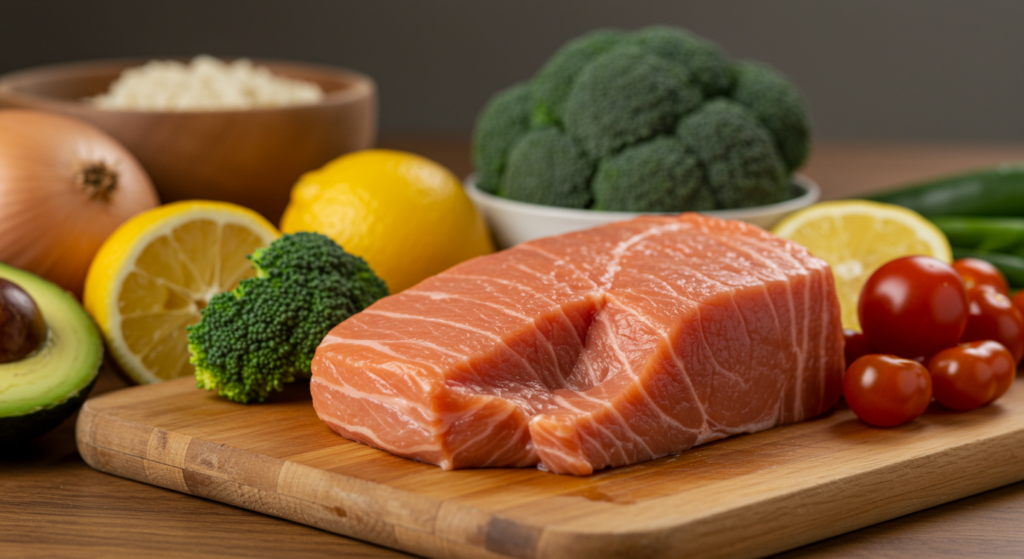 Mesa com alimentos frescos e coloridos representando saúde metabólica e processo de emagrecimento sustentável com vegetais, frutas, grãos integrais e proteínas magras em ambiente natural iluminado