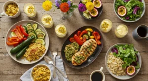 Mesa posta com almoço saudável dia das mães contendo proteína grelhada, salada colorida, arroz integral e legumes assados em pratos elegantes para celebração