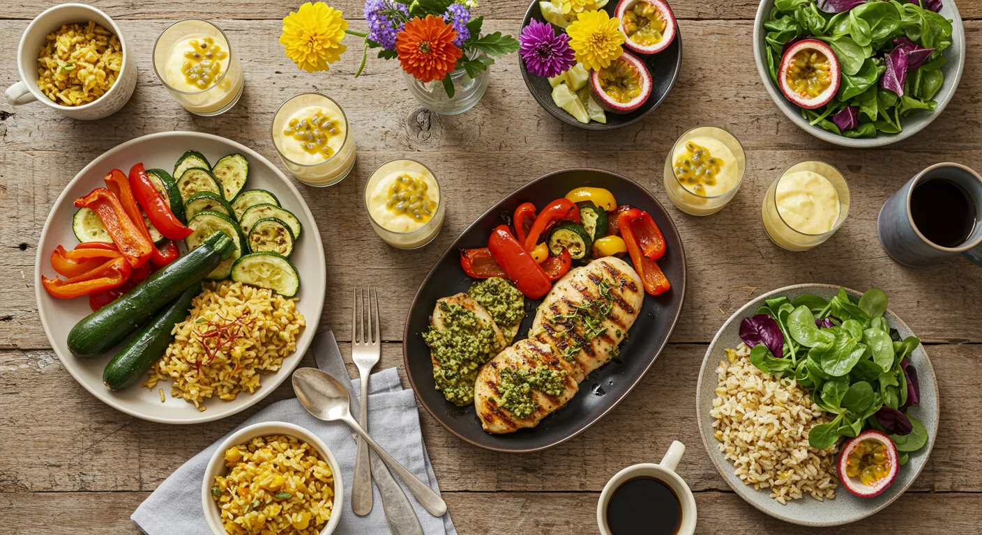 Mesa posta com almoço saudável dia das mães contendo proteína grelhada, salada colorida, arroz integral e legumes assados em pratos elegantes para celebração