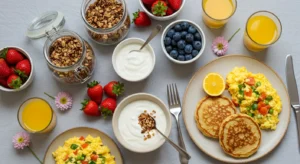 Mesa de café da manhã saudável dia das mães decorada com frutas frescas, iogurte natural, granola caseira, ovos mexidos e flores, representando opções nutritivas e coloridas para celebração