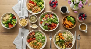 Mesa de almoço dia das mães com cardápio saudável contendo saladas coloridas, proteínas magras, legumes assados e frutas frescas em apresentação festiva e nutritiva