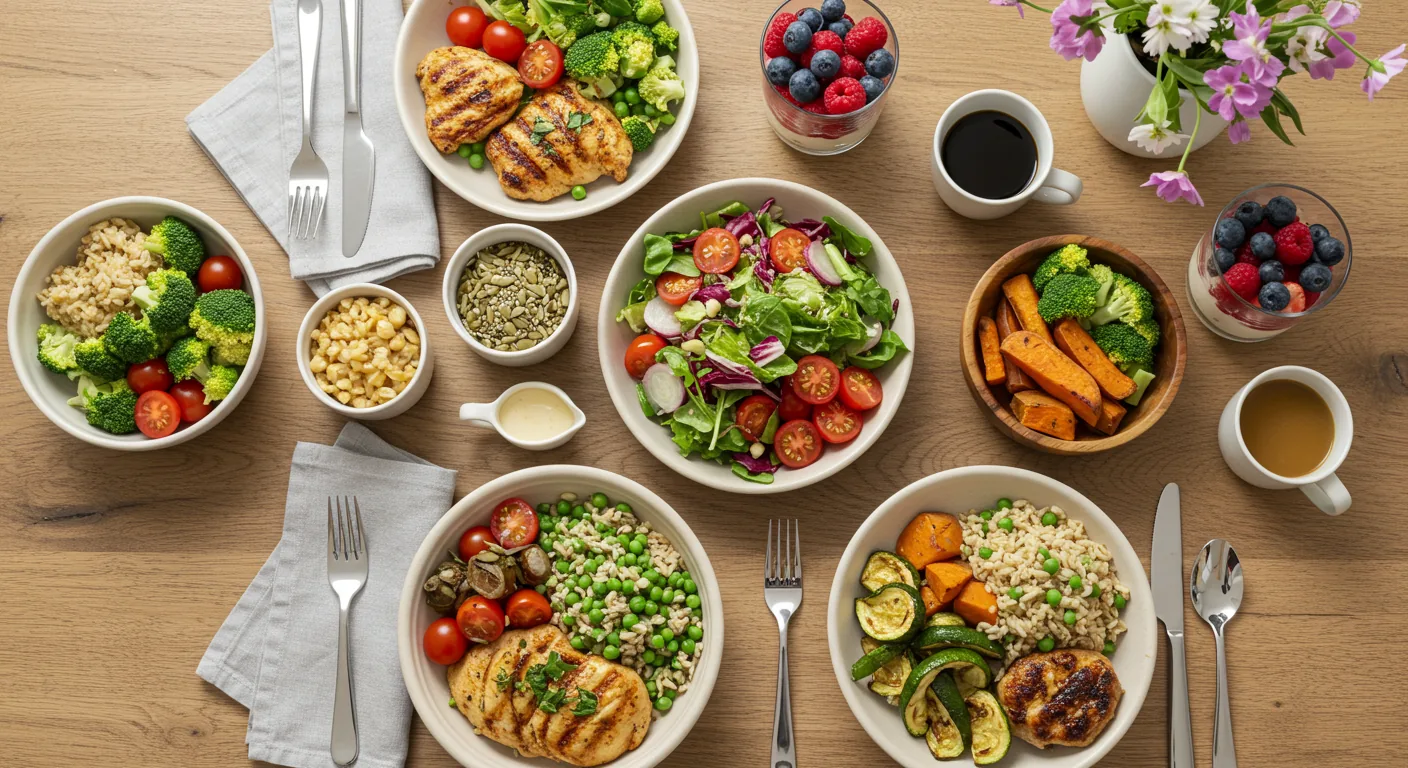 Mesa de almoço dia das mães com cardápio saudável contendo saladas coloridas, proteínas magras, legumes assados e frutas frescas em apresentação festiva e nutritiva