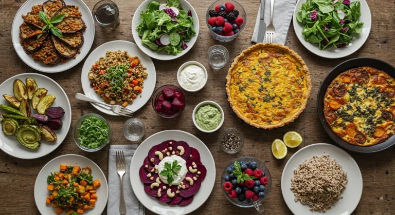 Mesa posta com cardápio vegetariano para dia das mães incluindo pratos coloridos com legumes, grãos e preparações veganas e ovolactovegetarianas