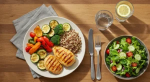Mesa com alimentos frescos e variados representando emagrecer sem efeito sanfona através de escolhas equilibradas, incluindo vegetais coloridos, grãos integrais e proteínas magras em ambiente de cozinha iluminado naturalmente