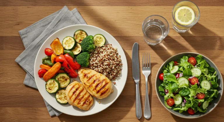 Mesa com alimentos frescos e variados representando emagrecer sem efeito sanfona através de escolhas equilibradas, incluindo vegetais coloridos, grãos integrais e proteínas magras em ambiente de cozinha iluminado naturalmente