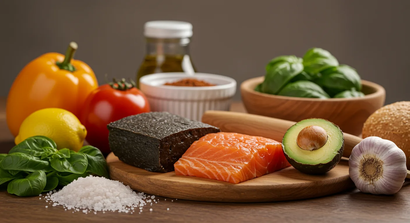 Mesa com alimentos variados e coloridos representando emagrecimento saudável 2026: frutas frescas, grãos integrais, proteínas magras e vegetais organizados de forma equilibrada em pratos brancos sobre superfície de madeira clara