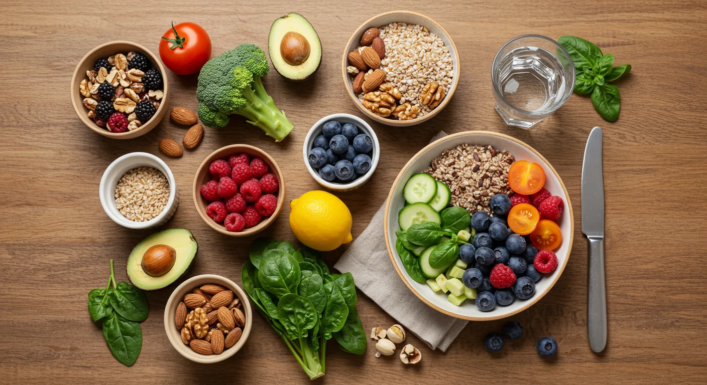 Mesa com alimentos anti-inflamatórios para controle da gota emagrecimento ácido úrico incluindo vegetais frescos, frutas vermelhas, grãos integrais e água, representando alimentação saudável para redução do ácido úrico