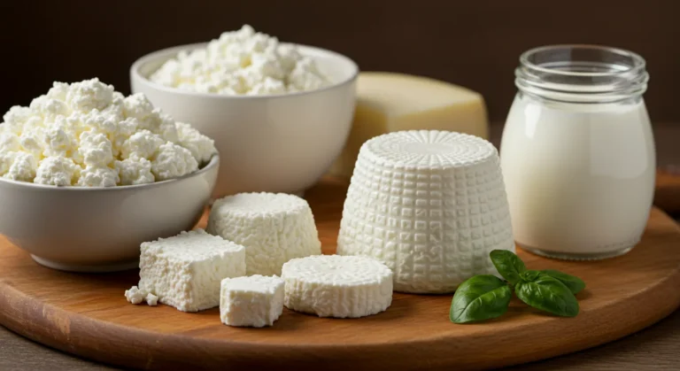 Mesa com diferentes tipos de queijos frescos, iogurte natural e laticínios adequados para quem busca controlar gota através da alimentação