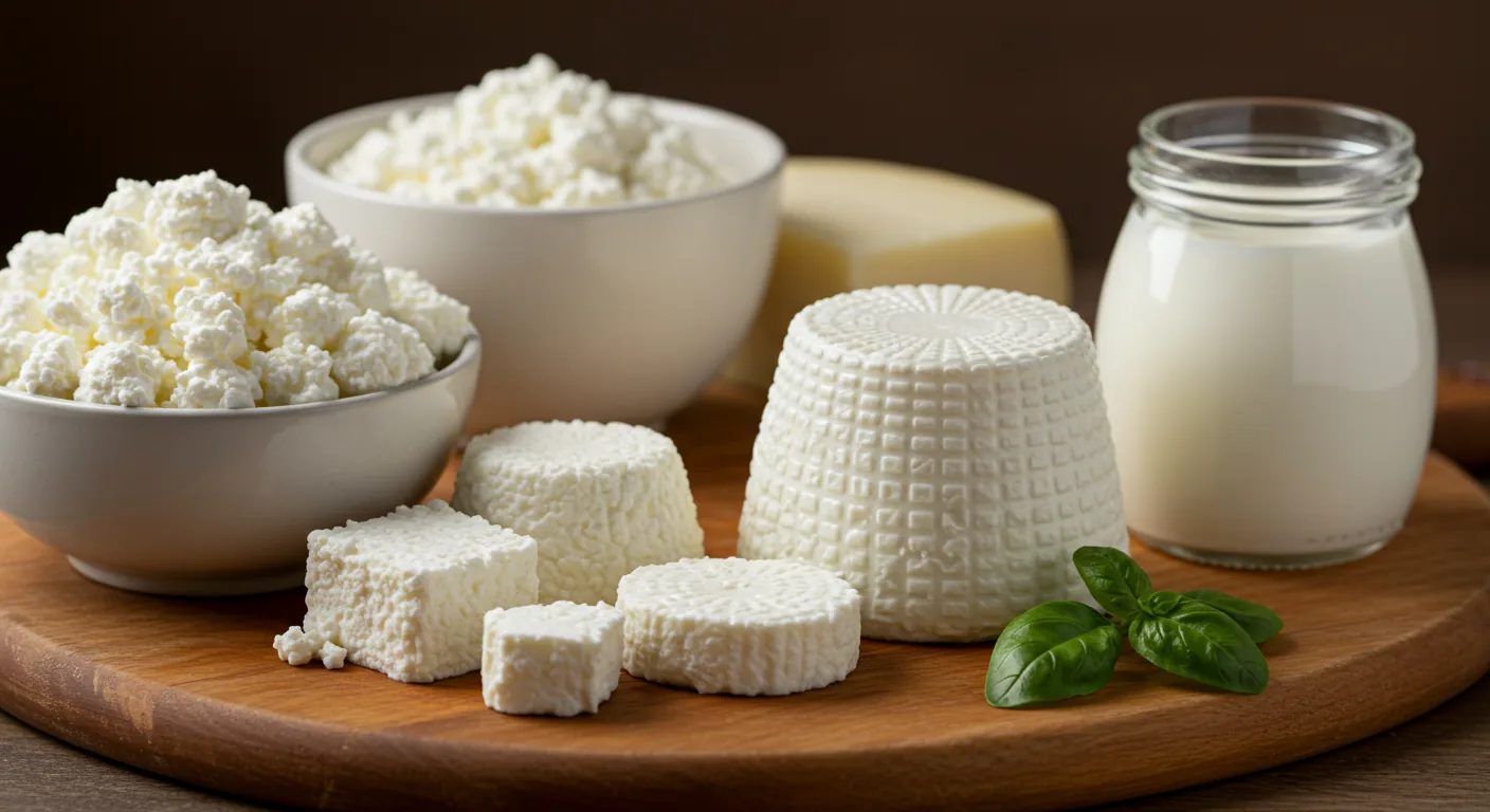 Mesa com diferentes tipos de queijos frescos, iogurte natural e laticínios adequados para quem busca controlar gota através da alimentação