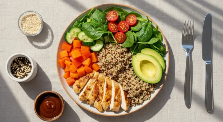 Mesa com alimentos saudáveis e coloridos representando reeducação alimentar para emagrecer de forma equilibrada, incluindo vegetais frescos, frutas, grãos integrais e proteínas magras em composição natural