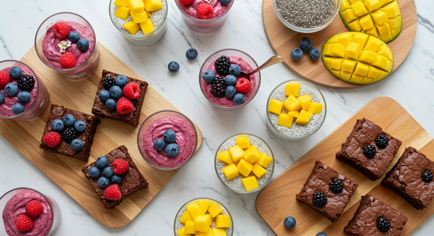 Mesa com sobremesas saudáveis dia das mães incluindo mousse de frutas vermelhas, brownie integral e pudim de chia, preparadas com ingredientes nutritivos e apresentação elegante para celebração familiar