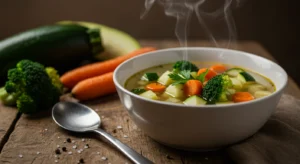 Sopa cremosa de legumes servida em tigela branca sobre mesa de madeira representando alimentação no inverno saudável e reconfortante para emagrecimento