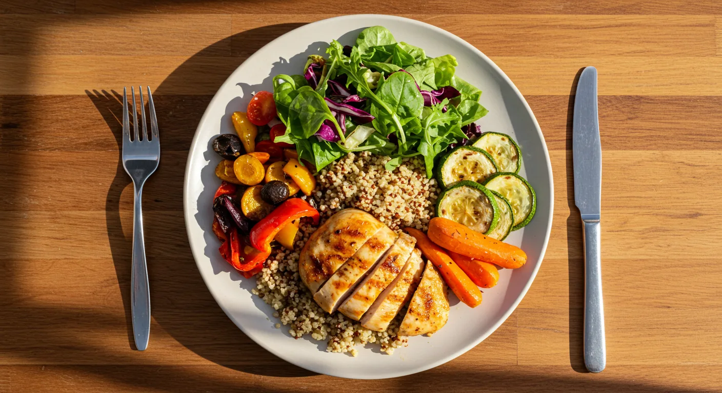 Mesa com alimentos saudáveis e coloridos representando como perder peso sem dieta restritiva através de escolhas equilibradas e nutritivas no dia a dia