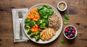 Prato saudável com alimentos indicados para controle da gota e obesidade, incluindo vegetais frescos, grãos integrais e proteínas magras em composição equilibrada sobre mesa de madeira clara