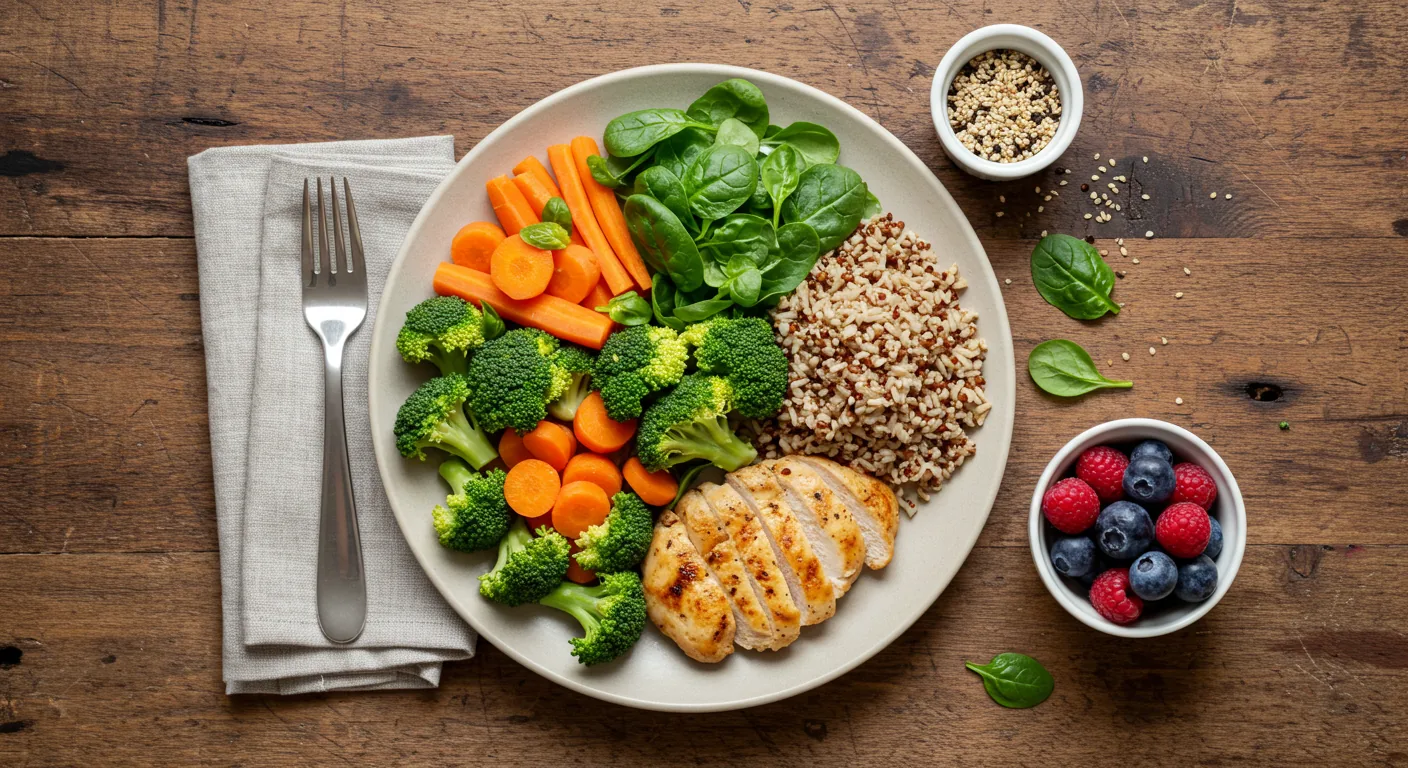 Prato saudável com alimentos indicados para controle da gota e obesidade, incluindo vegetais frescos, grãos integrais e proteínas magras em composição equilibrada sobre mesa de madeira clara