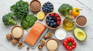 Mesa com alimentos anti-inflamatórios para nutrição clínica da mulher, incluindo vegetais verdes, sementes de linhaça, salmão e frutas vermelhas, representando cardápio para endometriose e saúde hormonal feminina