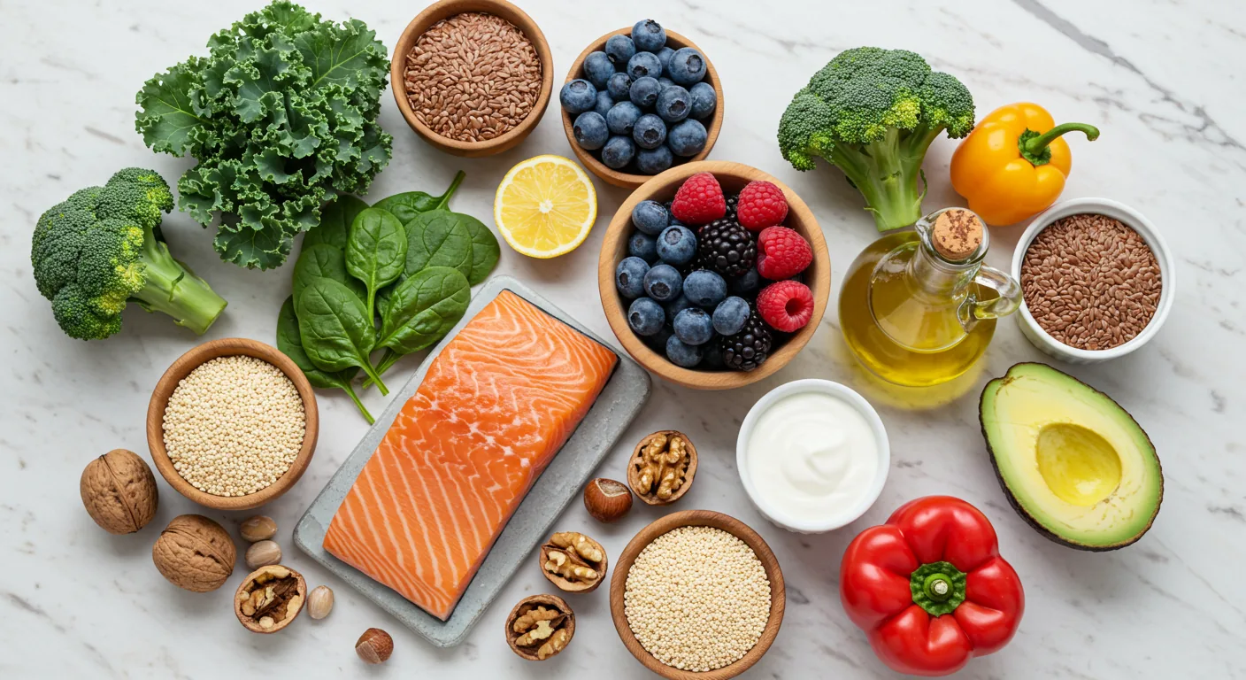 Mesa com alimentos anti-inflamatórios para nutrição clínica da mulher, incluindo vegetais verdes, sementes de linhaça, salmão e frutas vermelhas, representando cardápio para endometriose e saúde hormonal feminina