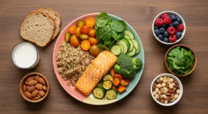 Mesa com alimentos variados representando nutrição personalizada para diferentes fases da vida, incluindo frutas frescas, vegetais coloridos, grãos integrais e proteínas magras em preparações adequadas para todas as idades