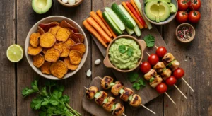 Mesa com petiscos saudáveis para copa do mundo incluindo vegetais coloridos, homus, palitos de cenoura e opções equilibradas para assistir jogos à noite