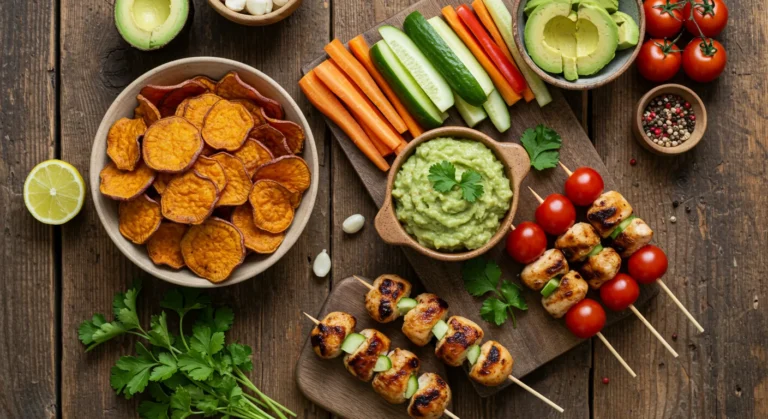 Mesa com petiscos saudáveis para copa do mundo incluindo vegetais coloridos, homus, palitos de cenoura e opções equilibradas para assistir jogos à noite