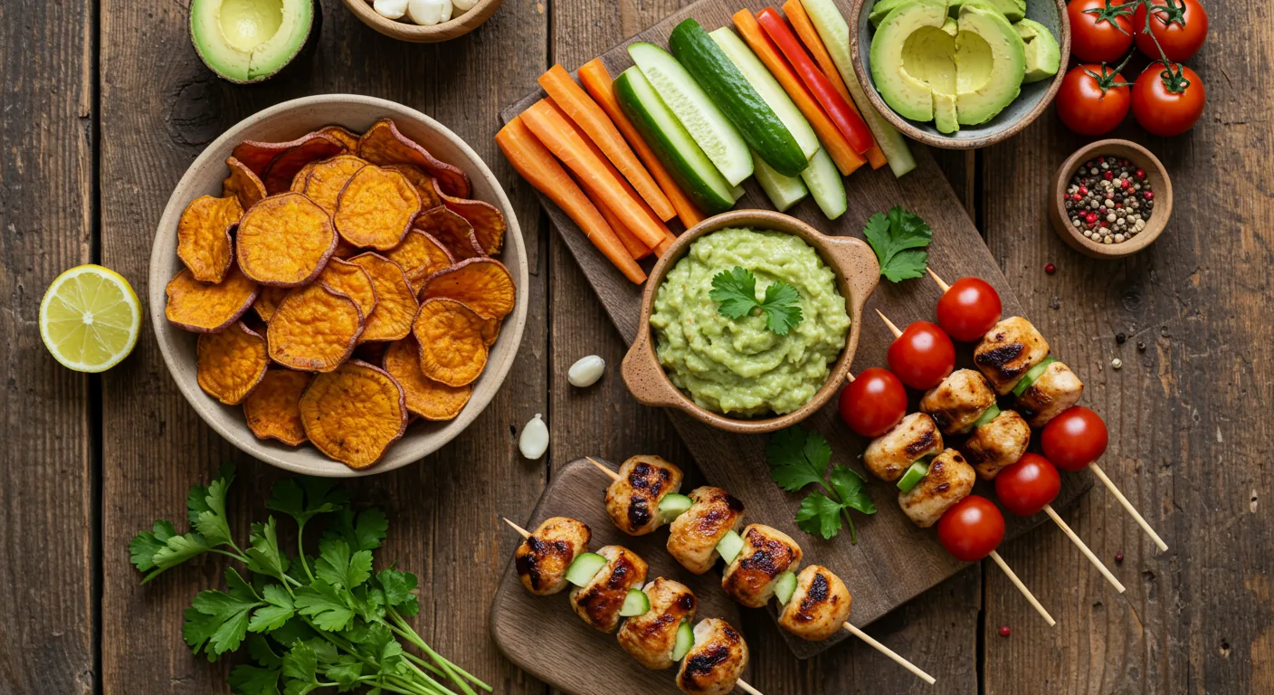Mesa com petiscos saudáveis para copa do mundo incluindo vegetais coloridos, homus, palitos de cenoura e opções equilibradas para assistir jogos à noite