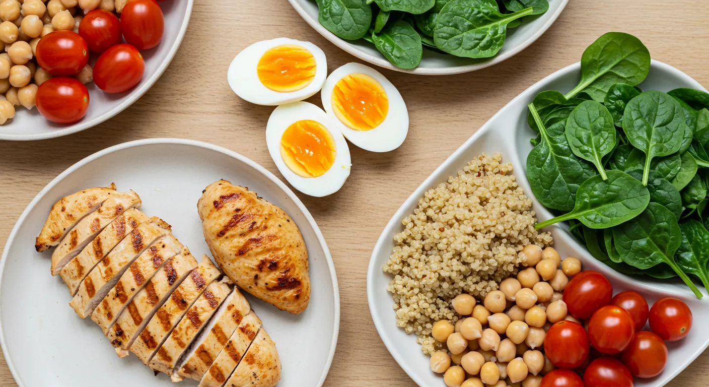 Prato equilibrado com fontes de proteína para emagrecer incluindo peito de frango grelhado, ovos cozidos, quinoa e legumes frescos sobre mesa de madeira clara