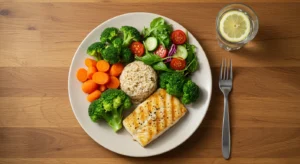 Mesa com alimentos ricos em proteínas de baixo teor purinas para dieta de controle de ácido úrico: ovos, laticínios magros, peixes brancos e vegetais frescos