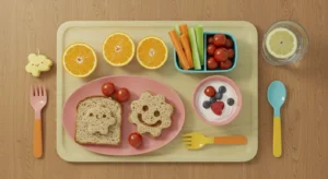Mesa com alimentos saudáveis para alimentação infantil nas férias de julho, incluindo frutas coloridas, sanduíches naturais e lanches nutritivos preparados para crianças durante as férias escolares de inverno
