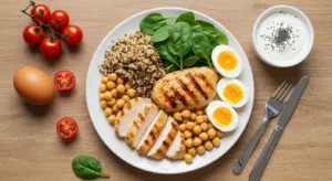 Mesa com alimentos ricos em proteína para aumentar proteína na dieta: ovos cozidos, peito de frango grelhado, salmão assado, leguminosas como grão-de-bico e lentilha, castanhas e iogurte natural