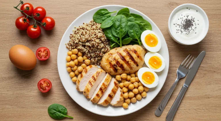Mesa com alimentos ricos em proteína para aumentar proteína na dieta: ovos cozidos, peito de frango grelhado, salmão assado, leguminosas como grão-de-bico e lentilha, castanhas e iogurte natural