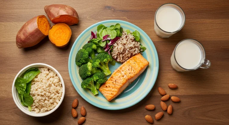Mãe amamentando bebê com alimentos seguros para dieta de exclusão APLV sobre a mesa, incluindo vegetais frescos, frutas e grãos sem proteína do leite de vaca
