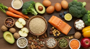 Mesa com alimentos naturalmente sem glúten para dieta celíaca incluindo frutas frescas, vegetais, grãos integrais permitidos e proteínas, representando orientação nutricional adequada