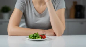 Mulher sentada à mesa olhando pensativa para prato com porção muito pequena de alimentos, representando dietas restritivas e saúde mental prejudicada por restrições alimentares severas