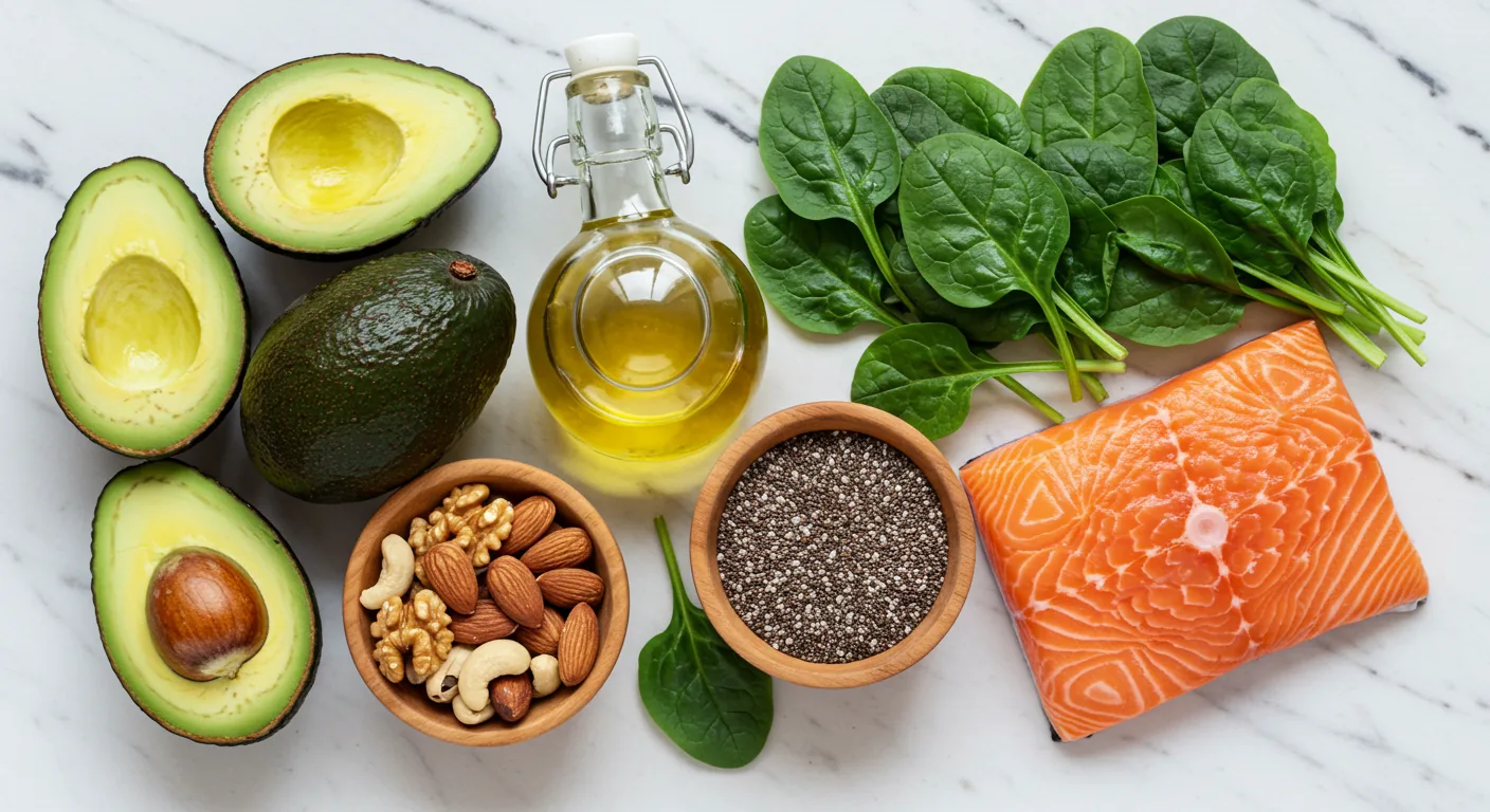 Close fotográfico de alimentos saudáveis para emagrecimento gradual e proteção da vesícula, com abacate, azeite, oleaginosas e vegetais verdes sobre superfície clara, ilustrando orientações nutricionais para evitar riscos do emagrecimento rápido vesícula
