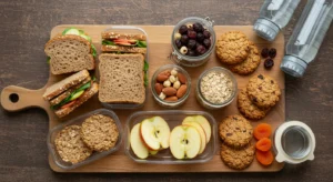 Variedade de lanches saudáveis viagem inverno organizados em recipientes práticos, incluindo frutas secas, sanduíches naturais e snacks nutritivos para férias de julho em família