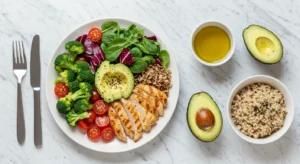 Mesa com alimentos naturais variados como frutas frescas, vegetais verdes, grãos integrais e água representando um cardápio nutritivo para emagrecimento saudável e reeducação alimentar orientada por nutricionista