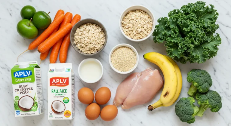 Mesa com ingredientes frescos para receitas APLV sem leite: vegetais coloridos, frutas, grãos integrais, carnes magras e bebidas vegetais em embalagens alternativas ao leite de vaca para crianças com alergia