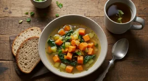 Prato quentinho com sopa nutritiva de legumes coloridos, pão integral ao lado e xícara de chá quente, representando receitas saudáveis inverno julho para férias escolares em família