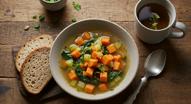 Prato quentinho com sopa nutritiva de legumes coloridos, pão integral ao lado e xícara de chá quente, representando receitas saudáveis inverno julho para férias escolares em família